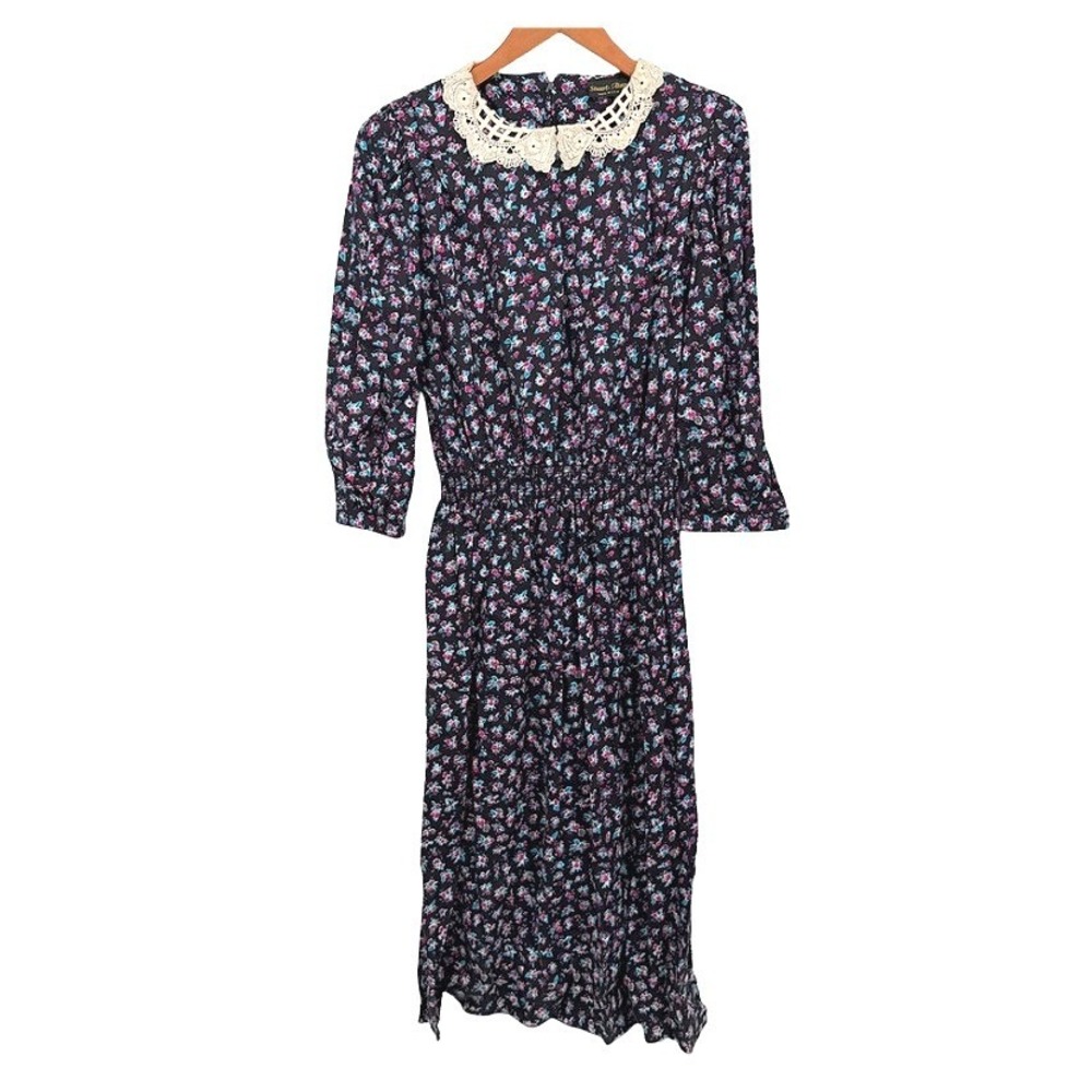 Stuart Alan VTG Secretary Dress Floral Lace Collar Smocked Waist Cottagecore 12